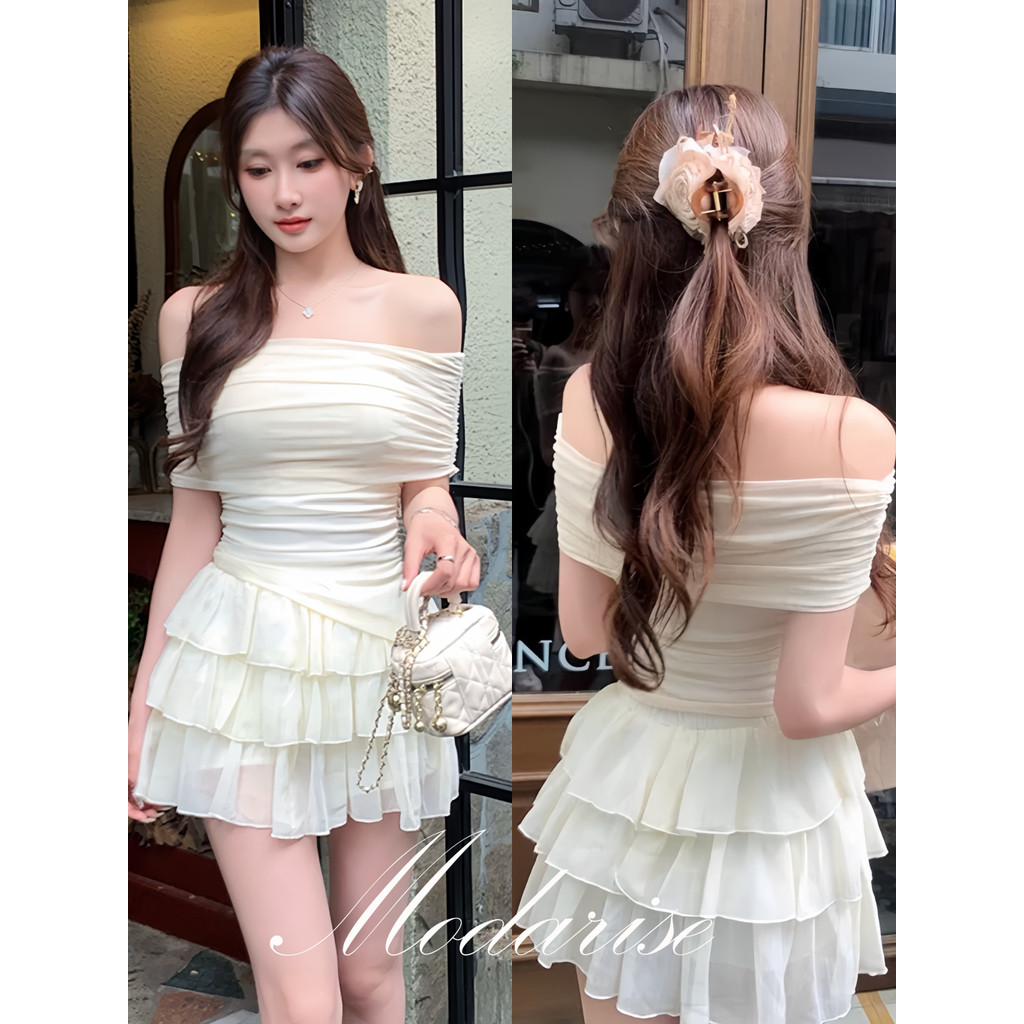 Modarise บแบบหลายชั้น 2ชิ้น เสื้อแขนกุด และ กระโปรงระบาย ลาย ทรงมินิ Y2K
