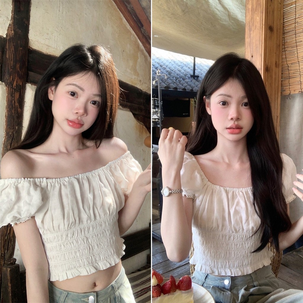 Hotgirl พร้อมส่ง✨เสื้อยืดสีขาวผู้หญิง เสื้อยืดเปิดไหล่ แขนพัฟแขนสั้น ดีไซน์เก๋ไก้และเซ็กซี่ จีบแคบ สไตล์เกาหลี
