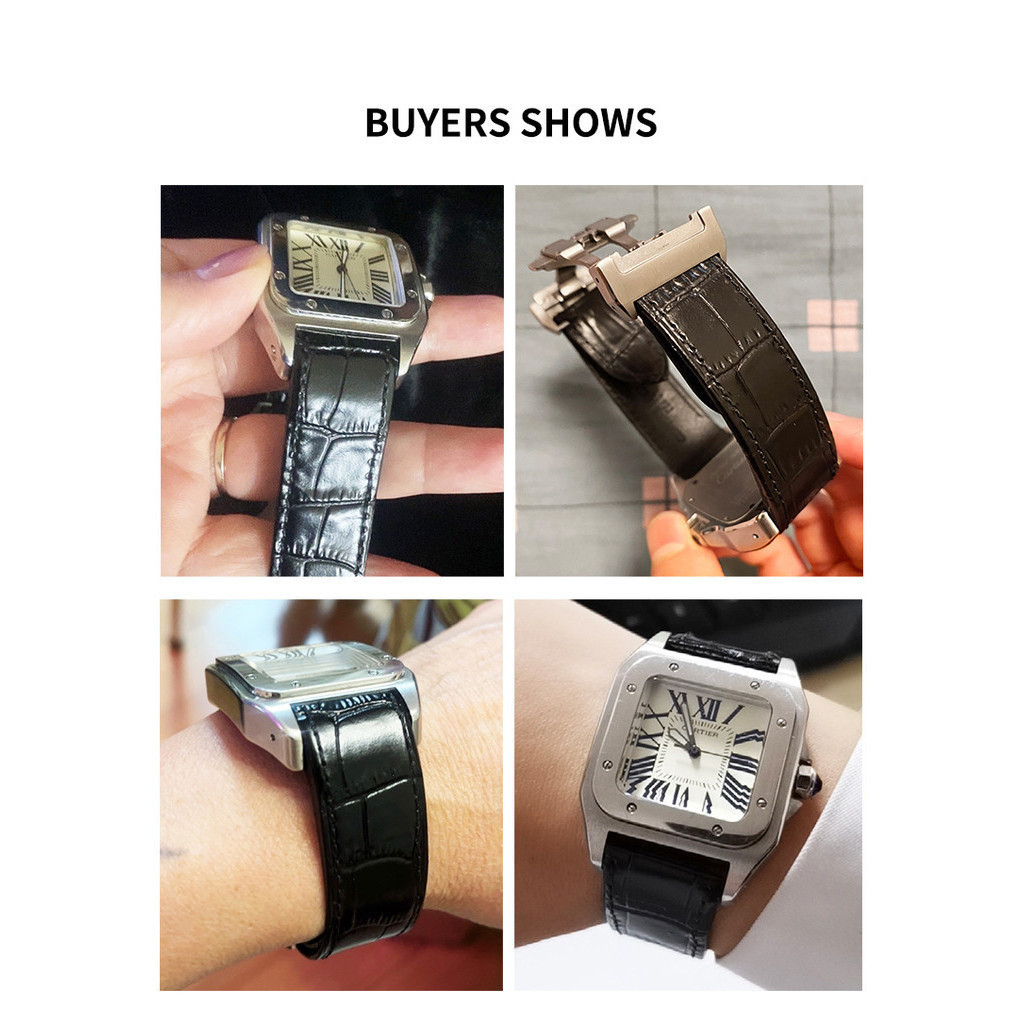 สายนาฬิกาสําหรับ Cartier Santos 100 ผู้ชายผู้หญิงคุณภาพสูงสายรัดหนังวัวพับหัวเข็มขัดสายนาฬิกาหนังแท้ 20 มม. 23 มม.
