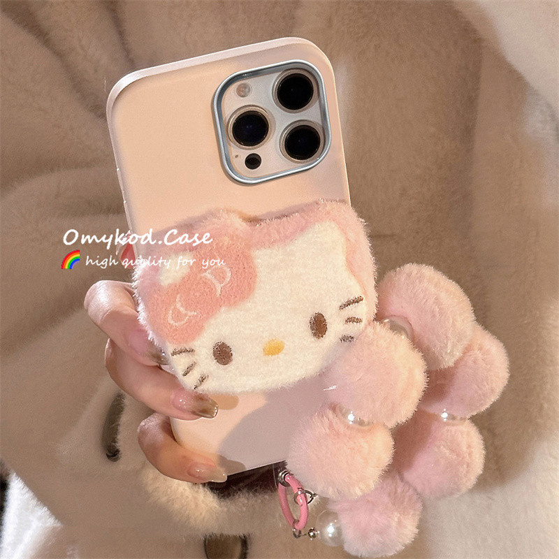 3D Plush Kitty Cat  +  Wool Ball Chain Casing For OPPO A60 A98 A38 A18 A57 A77 A16 A16S A15 A15S A53 A33 A32 A58 A54 A79 A5 A9 A93 A5S A94 A3X A78 A3S A95 A74 A76 A96 A60 Reno 5 5K INS Cute Pink DIY Phone Case Leather Texture Case Protective Back Cover