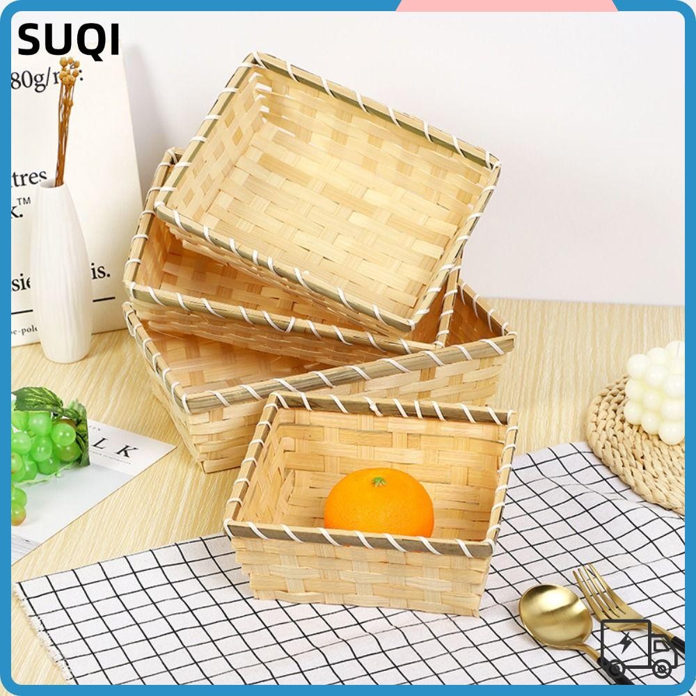 Suqi ตะกร้าไม้ไผ่สาน ทรงสี่เหลี่ยมผืนผ้า แฮนด์เมด สีธรรมชาติ สําหรับใส่ขนมปัง