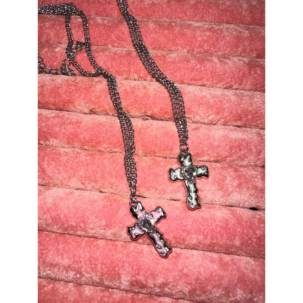 Love Diamond Lava Cross จี้สร้อยคอ Drop Glaze Zircon Vintage Y2K Spice Girl สร้อยคอ