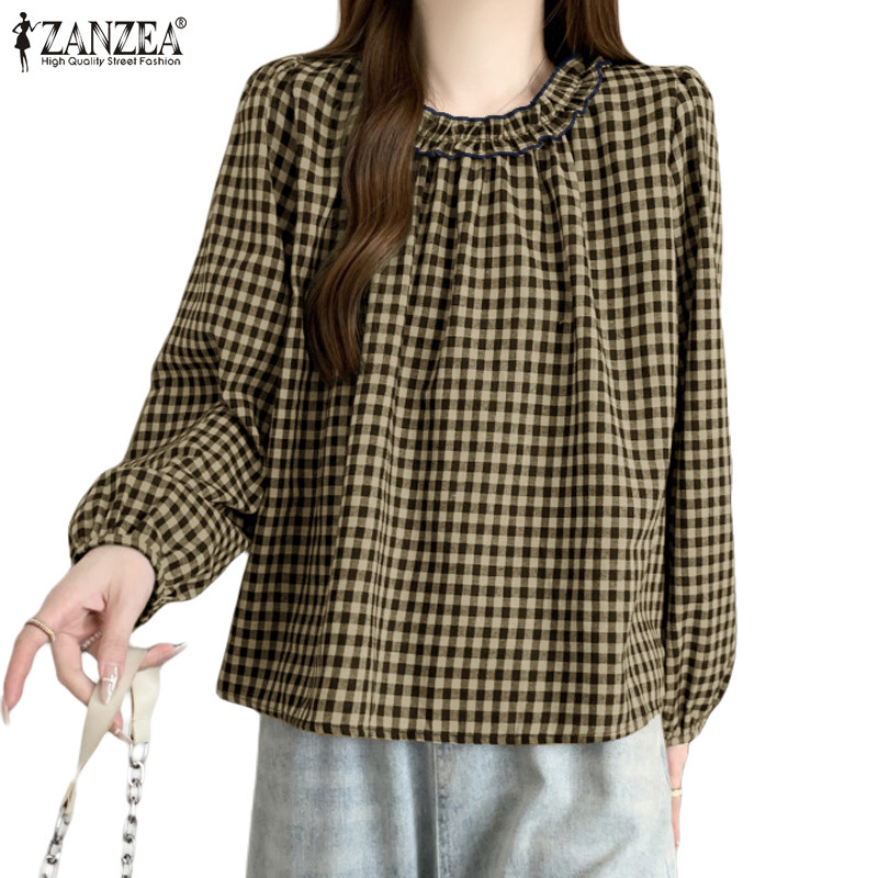 Zanzea เสื้อเบลาส์คอกลมแขนยาวพิมพ์ลายลายสก๊อตสําหรับผู้หญิง