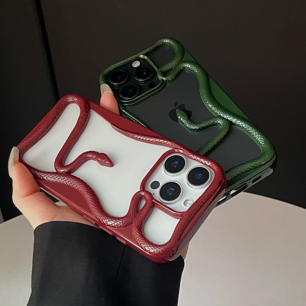 ไวน์แดงสีเขียวเข้มสร้างสรรค์งูเหมาะสําหรับ แอปเปิล 16มือโปร เคสโทรศัพท์ ไอโฟน 12/13/14/15 เคสนิ่ม