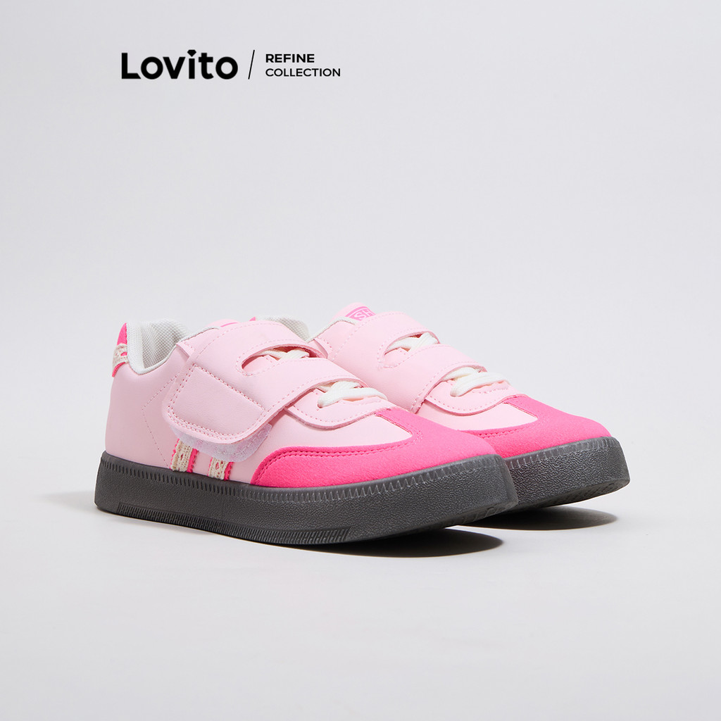 (Lovito Refine) รองเท้าผ้าใบผู้หญิง ผ้าเย็บต่อ แบบเทปเวลโคร แต่งสายผูก สีพื้น สไตล์ลำลอง LFA43338