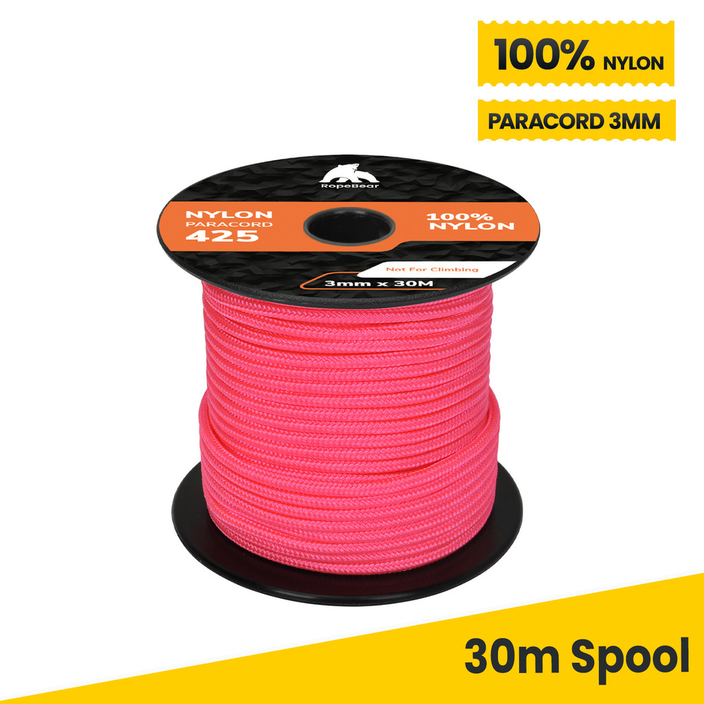 เชือกไนลอน 100%, 30 เมตร, Paracord 3mm - สีชมพูนีออน สำหรับเต็นท์