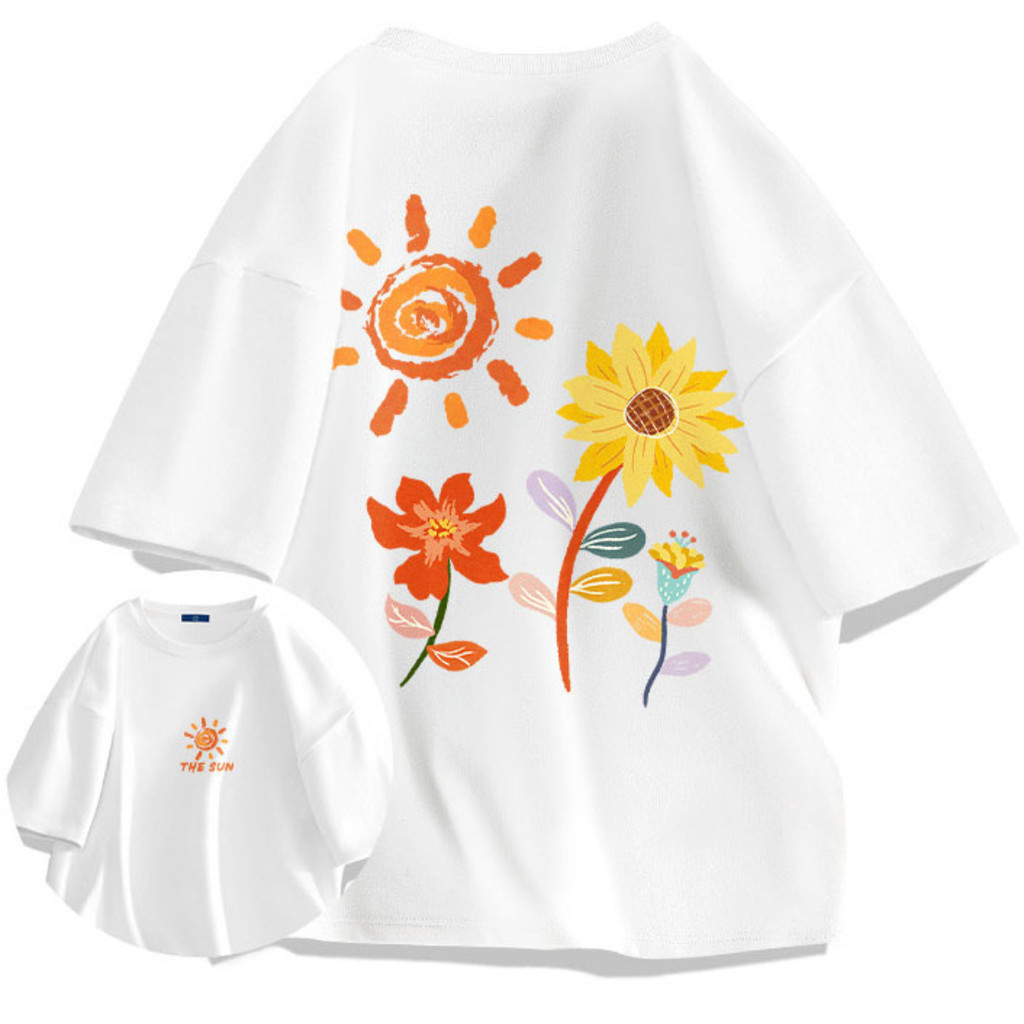 （พร้อมส่งจากกทม มาถึงใน 2วัน）เสื้อยืดโดพามีนพิมพ์ลายดอกทานตะวัน คู่รักสวมผ้าฝ้ายแท้แขนสั้นหลวมพิมพ์ลายคอกลม