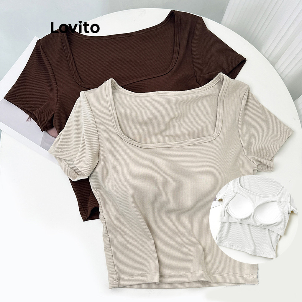 Lovito เสื้อยืดผู้หญิง เบสิก สีพื้น สไตล์ลำลอง LNE24089 (หลากสี)