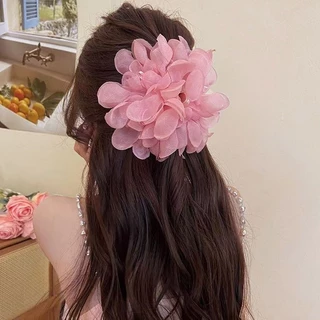2025 กิ๊บติดผมดอกไม้ตาข่ายชีฟอง Elegant Pink Premium Shark Clip