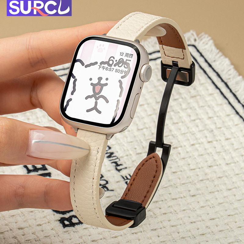 สายหนังแม่เหล็กสําหรับสายนาฬิกา Aple 49 มม.S10 46 มม.42 มม.Ultra 1 2 Serie 9 8 7 ของแท้ลิ้นจี่รูปแบบ