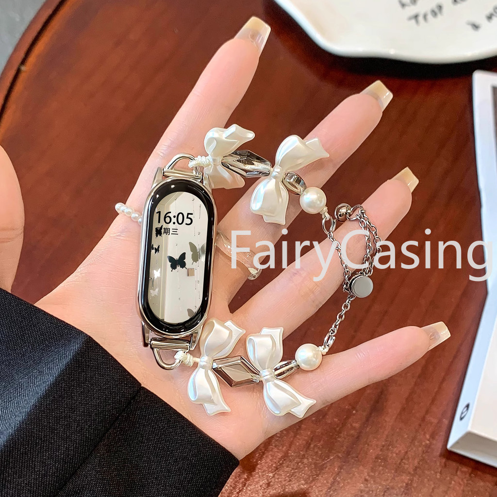 แฟชั่น Bowknot คริสตัลเพิร์ลสายอะคริลิคสําหรับ Xiaomi Mi Band 9 8 Pro 7 Miband 8 9 7 6 5 4 3 Active สายรัดข้อมือโลหะสร้อยข้อมือ Telescopic