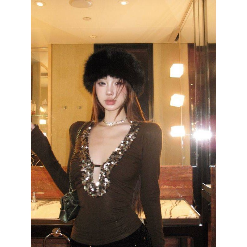 Xyzkuli Heavy Industry Sequined สีกาแฟเซ็กซี่ v คอแขนยาวเสื้อยืดผู้หญิงฤดูใบไม้ร่วงออกแบบ Bottoming เสื้อ Slim-Fit สาวร้อน Top