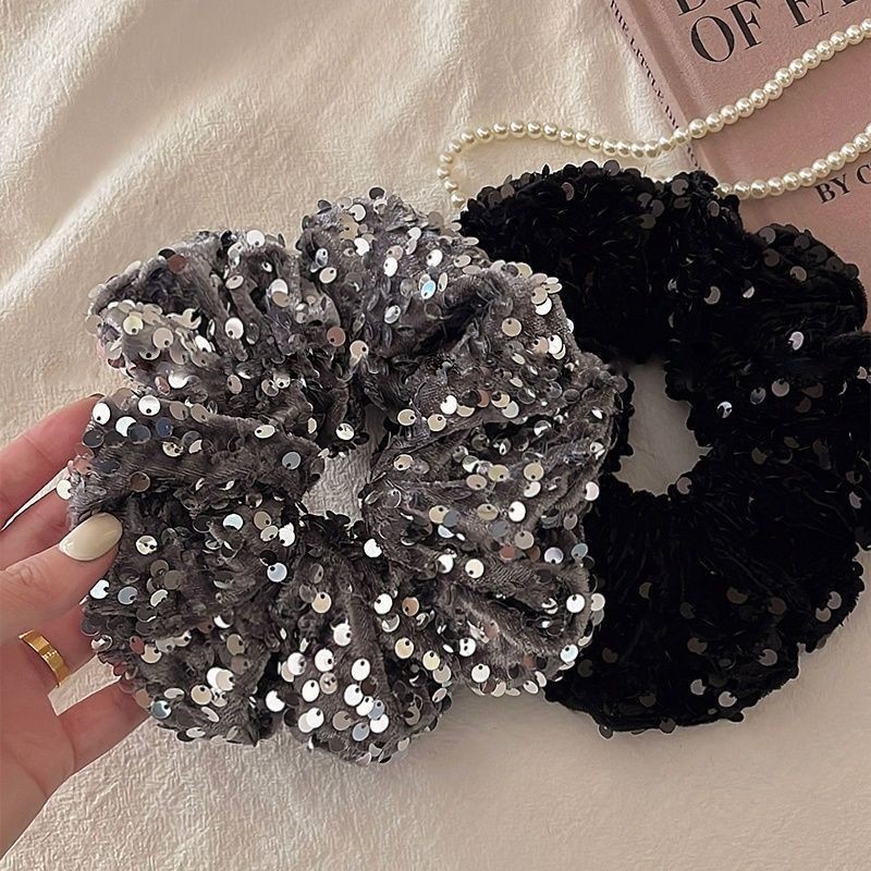 2024 Silver Glitter หางม้าสูงผม Tie ประดับด้วยเลื่อมกํามะหยี่ขนาดใหญ่ Scrunchy อุปกรณ์เสริมผม