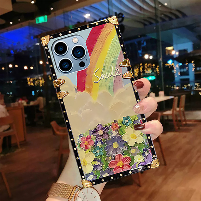 ปลอก iphone 16 Pro Max 15 14 13 12 11 XR XS 8 7 6 Plus แฟชั่น Smile Rainbow ดอกไม้กันกระแทกเคสโทรศัพท์