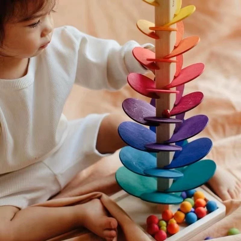 Ohiona.  ของเล่นดนตรีลูกบอลไม้ บล็อกตัวต่อไม้ รูปกลีบดอกไม้ สีรุ้ง ของเล่นเสริมการเรียนรู้เด็ก