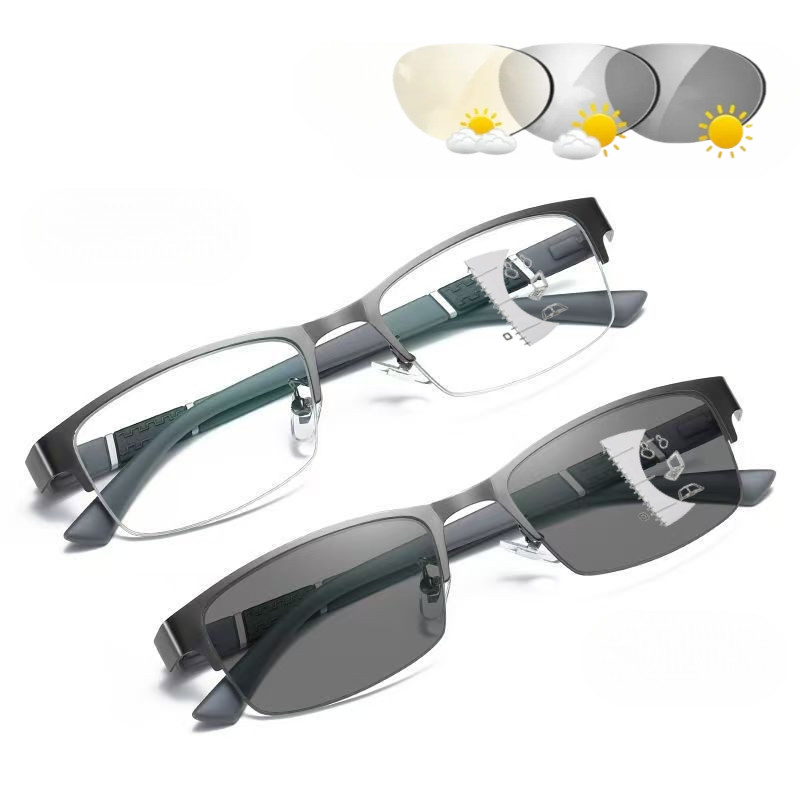 กลางแจ้ง Photochromic Progressive โลหะ TR90 อ่านแว่นตาสําหรับผู้ชายดูใกล้และไกลเกรดธุรกิจแว่นตา Pres