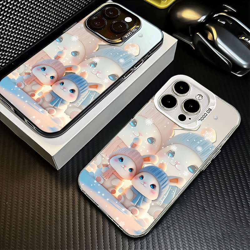 Creative น่ารักการ์ตูนกระต่ายน้อยสีขาวเคสโทรศัพท์สําหรับ IPhone 11 12 13 Pro Max 14 15 7 8 16Plus SE 2020 XR X/XS Max เคสซิลิโคน Anti Drop ปุ่มโลหะ