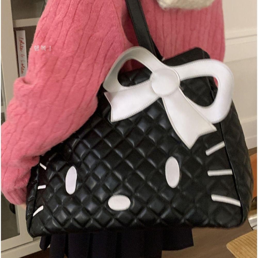 กระเป๋าสะพายแมวคิตตี้ IVORY, กระเป๋าถือการ์ตูนหนัง PU Bow, Casual Japanese Style Anime Large Capacity KT Cat Tote Bag Student