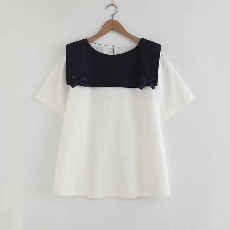 ที่มีคุณภาพสูงผู้หญิงผ้าฝ้ายเสื้อเสื้อ เจเค สไตล์ใหม่กองทัพเรือปกโบว์หลวมผู้หญิงแขนสั้นเสื้อฤดูร้อนเสื้อสาว - รูปที่ 2