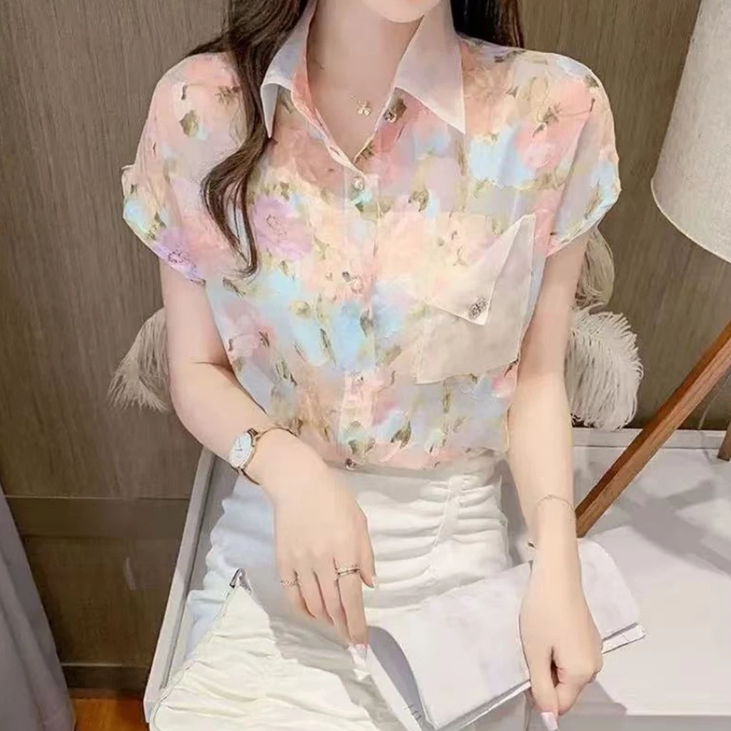 เสื้อเชิ้ตฮาวายคอบัว แขนสั้น ลายดอกไม้ ผ้าชีฟอง thumbnail 5