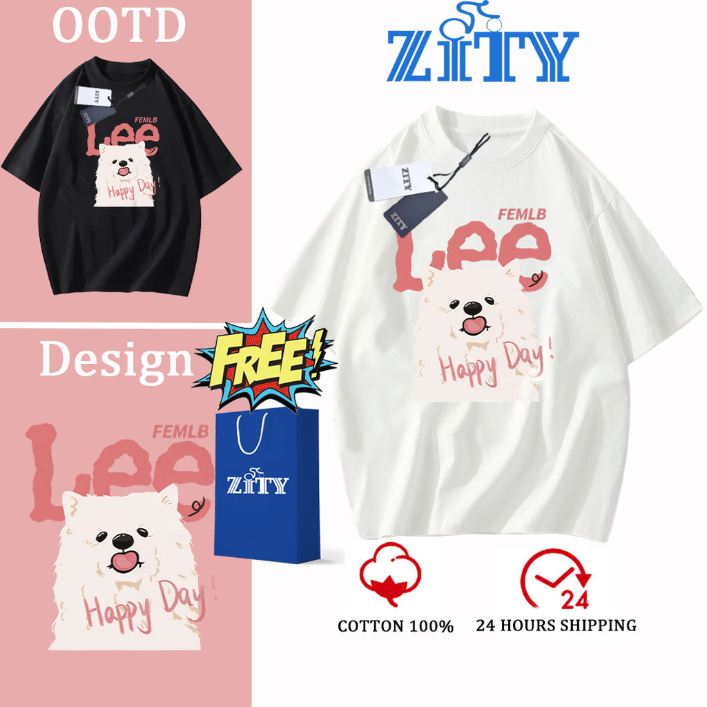 ✨ผ้าฝ้าย 100% ✨ ZITY เสื้อยืดแขนสั้น , Samoye ลายการ์ตูนสุดน่ารัก, NASALEE Same Design, Unisex, PODL