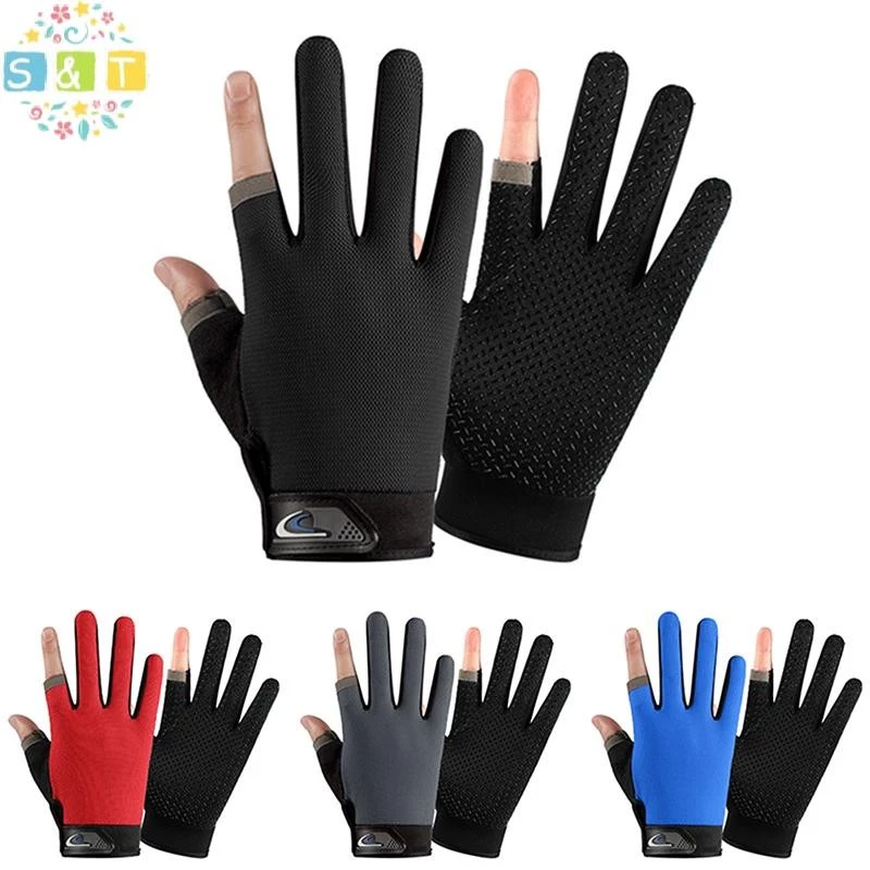 [S&T] ฤดูร้อนชายถุงมือตกปลาผู้หญิงสองนิ้วตัดชายหน้าจอสัมผัส Angling Anti-Slip Sun-Proof Breathable ขี่จักรยานฟิตเนสถุงมือ {th}