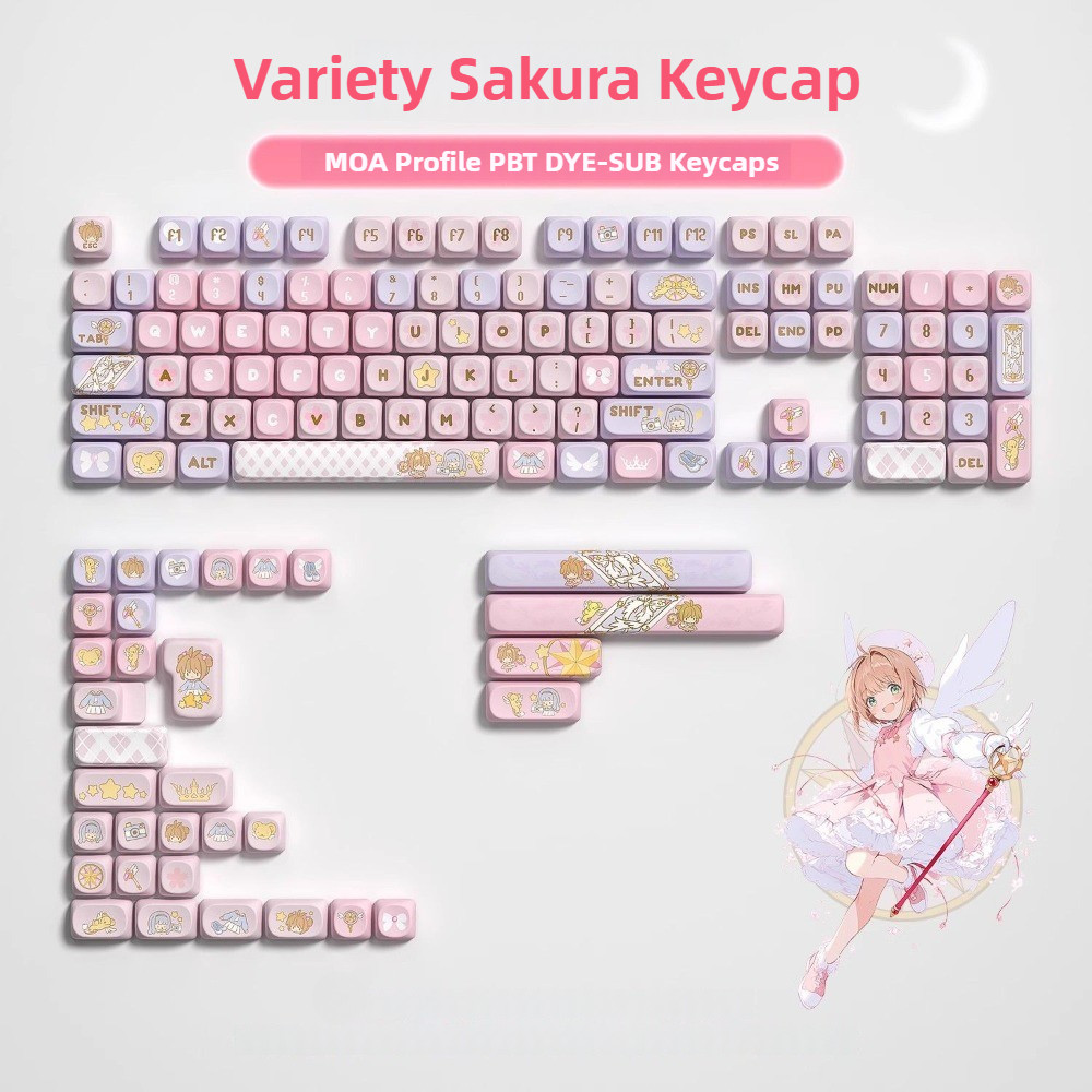 การ์ตูน Sakura Keycaps ไทยภาษาอังกฤษ MOA โปรไฟล์ Rainbow สีชมพู DYE-SUB PBT วัสดุ 130 คีย์สําหรับแป้