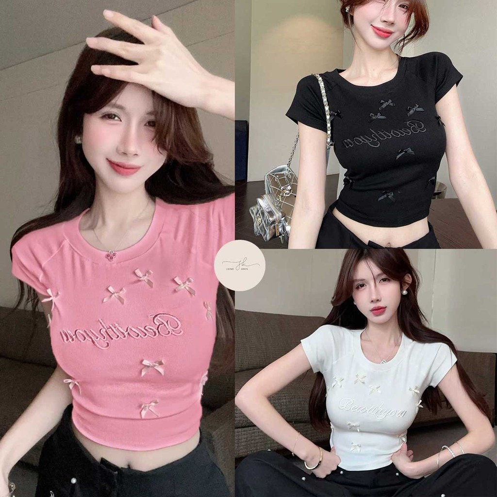 เสื้อยืดแขนสั้นคอปีกผูกโบว์ สไตล์น่ารักสำหรับสาวๆ

