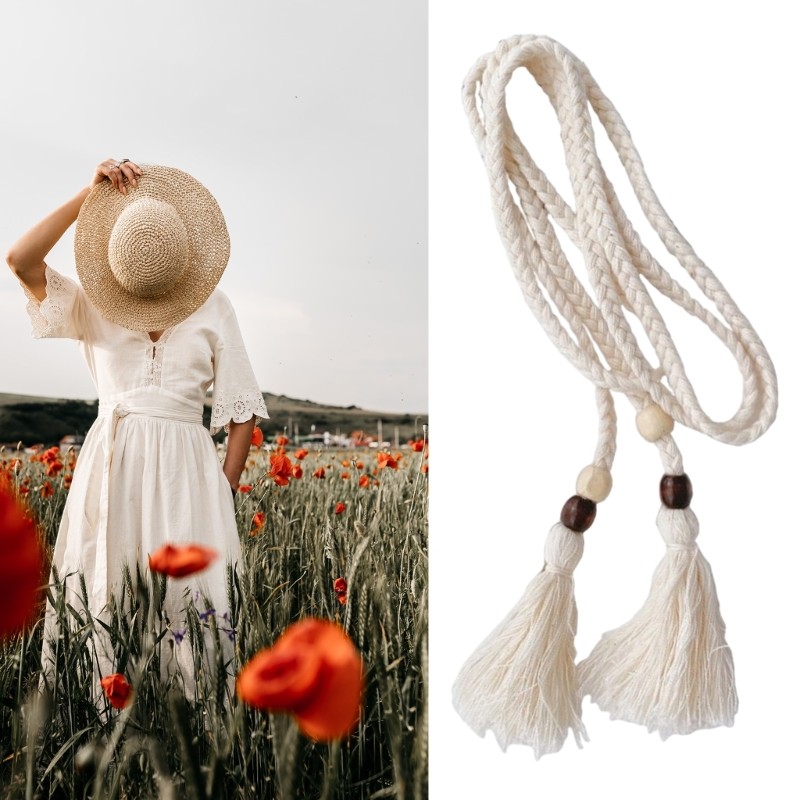 Braided Knot Waist Rope for Women Fabric Rope Chain Tassels Belt Dress Accessory