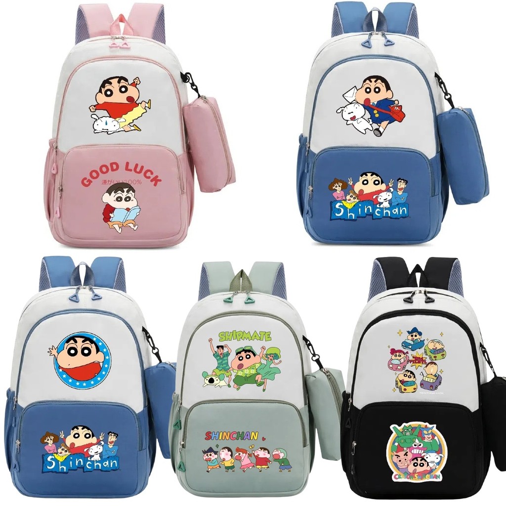 Crayon Shin chan กระเป๋าเป้สะพายหลังการ์ตูน + กล่องดินสอที่เก็บเครื่องเขียนสองชิ้นความจุขนาดใหญ่กระเป๋าเป้สะพายหลังหลายช่อง