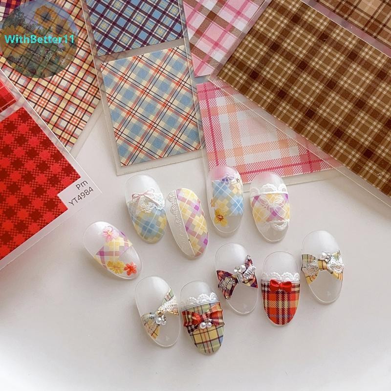 ดีกว่า 1 แผ่น Checkerboard Nail Art สติกเกอร์แบนคลาสสิกลายสก๊อตออกแบบเล็บ Decals แฟชั่นที่มีสีสัน Houndstooth เล็บเครื่องมือ TH