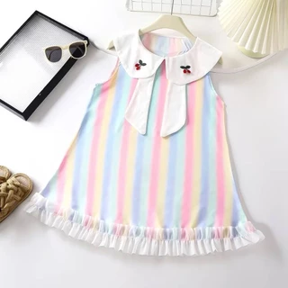 พร้อมส่ง ชุดเดรสน่าสวยๆเหมาะสำหรับลูกสาว แขนกุด คอปกปักลายเชอร์รี่ เนื้อผ้าเบา🍒