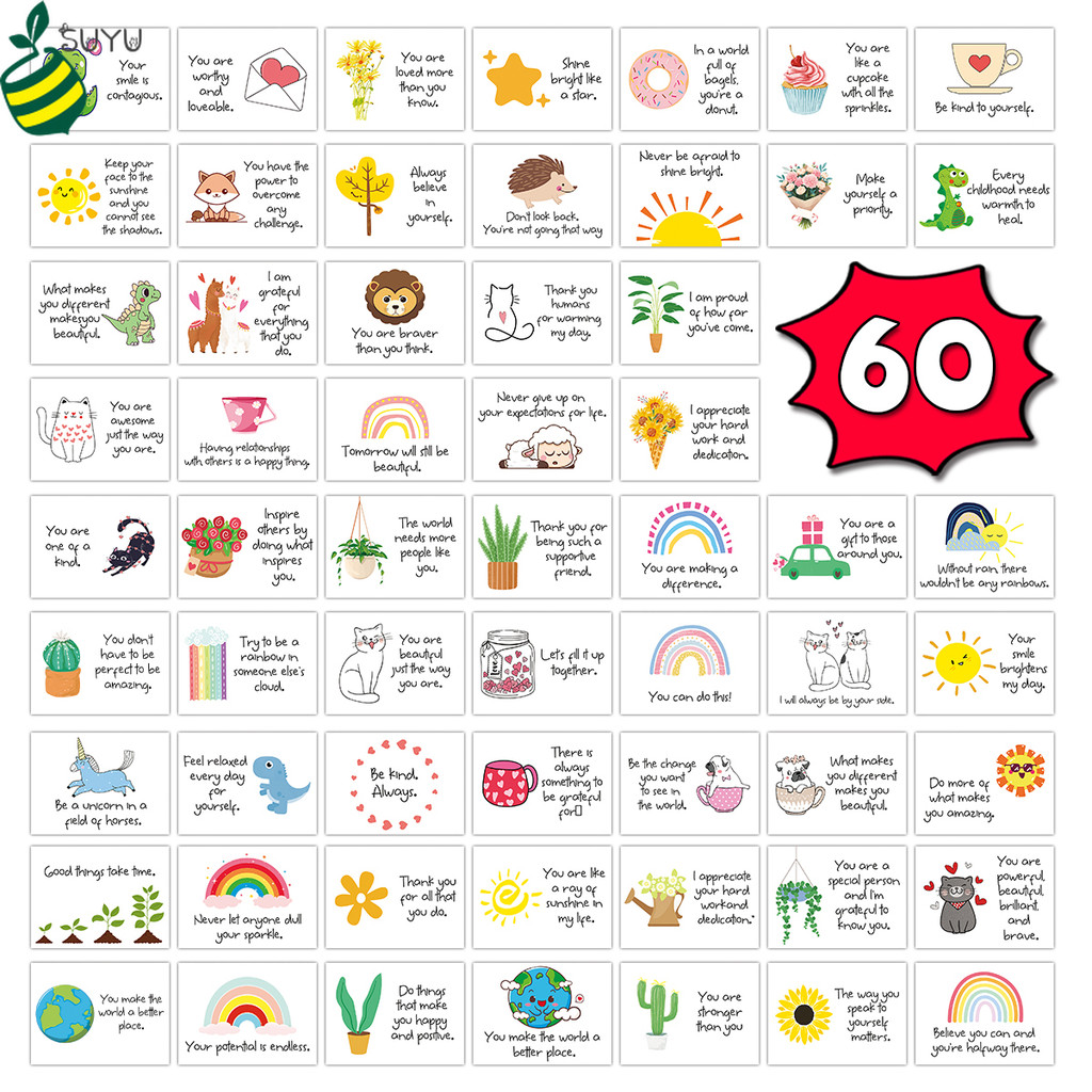 การ์ดอนุมัติสร้างแรงบันดาลใจ 60 ชิ้น, กระดาษบวกข้อความ, ของขวัญวันเกิด, พนักงานและงานร่วม, คําคมสร้างแรงบันดาลใจที่มีสีสัน & ภาพประกอบวิ