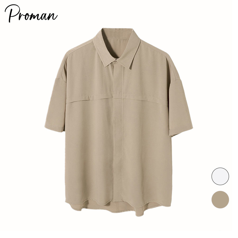 ⚡ProMan⚡เสื้อเชิ้ตผู้ชายสไตล์ฮ่องกง  ปกพับ  สีล้วน  ความรู้สึกระดับสูง  แฟชั่น  ทำให้ดูผอมเพรียว