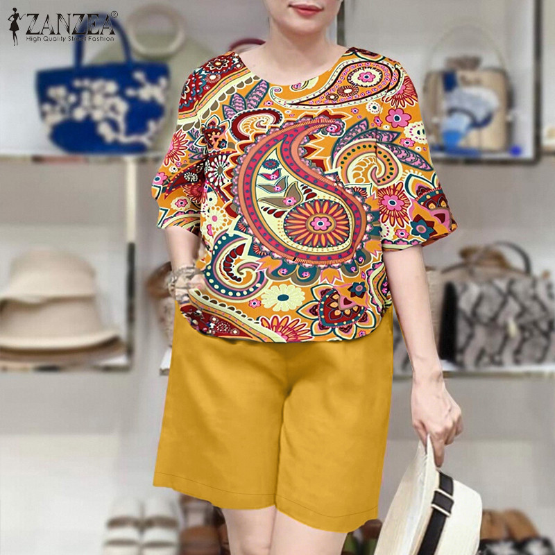 ZANZEA ซานเซีย ผู้หญิงแฟชั่นเกาหลีเสื้อลําลองคอวี 5/3 แขนกางเกงขากว้างกางเกงขาสั้นชุดสองชิ้น - รูปที่ 4