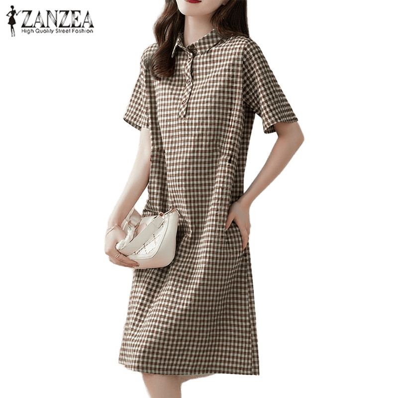 ZANZEA ซานเซีย ผู้หญิงปกเกาหลีสบายๆหลวมแขนสั้นชุดลายสก๊อต