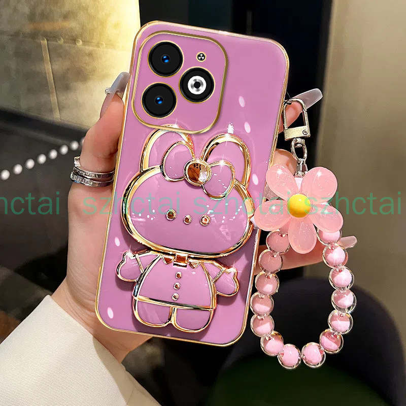 ปลอก Infinix Tecno Spark 20 20C 10 10c GO 2024 2023 สมาร์ท 8 7 Hot 40i 40 30i 30 9 Play Note 40 Itel A70 เคสโทรศัพท์ TPU 3D กระต่ายเครื่องสําอางกระจกแต่งหน้าขาตั้ง Ultra Thin Electropl