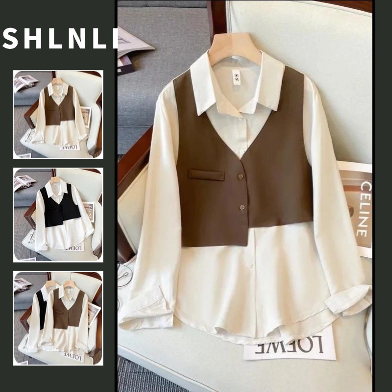 ใส่ได้ถึง100 กก. เสื้อผ้าผู้หญิง ลดอายุ เอวหด ปลอมสองชิ้น เสื้อเชิ้ตขนาดใหญ่  สำหรับฤดูใบไม้ผลิและฤดูใบไม้ร่วง