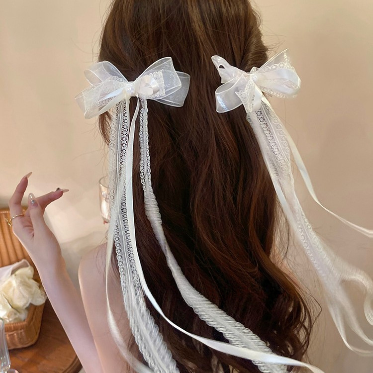 Super Fairy White Lace Bow Streamer คลิปคว้าขนาดเล็ก