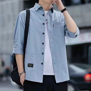 EERSHENSHI ครึ่งแขนเสื้อผู้ชายสไตล์ฮ่องกง Casual All-Matching เสื้อผ้าทํางานผ้าฝ้ายเสื้อหลวม