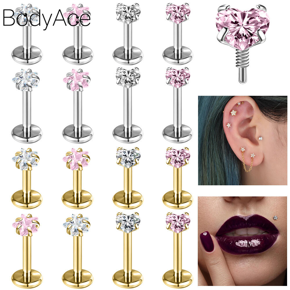 Bodyace 1 Pc 16G/18G เจาะหู Star Heart Stud ต่างหู 316L สแตนเลส Lip เจาะ Sung ต่างหู Helix ต่างหู