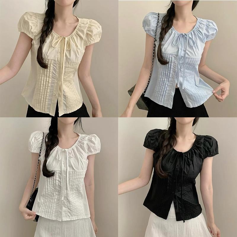 ohho เสื้อเชิ้ตผู้หญิง สไตล์ฝรั่งเศส หวานๆ หน้าร้อน ทรงเข้ารูป เข้ารูป เอนกประสงค์ เสื้อเชิ้ตสั้น แขนสั้น #w569