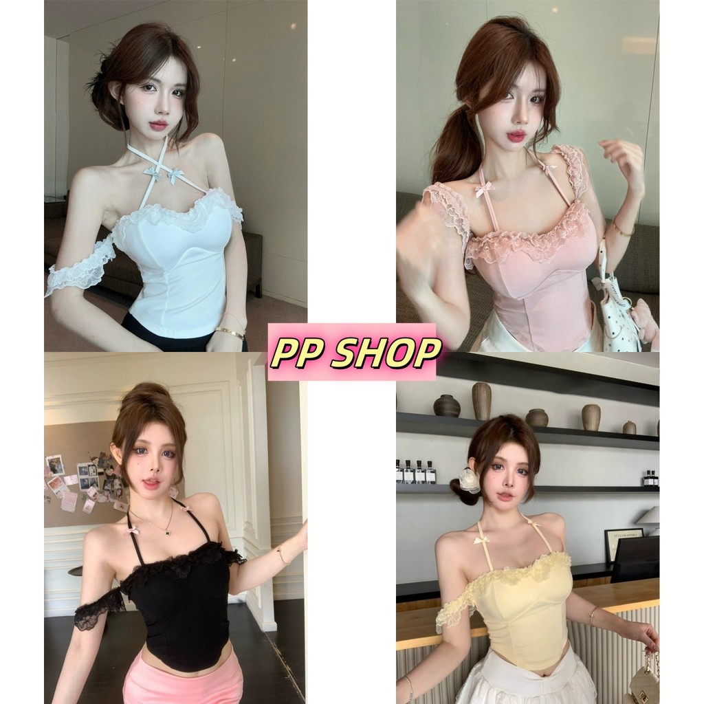 PP Shop​ ​​พร้อมส่ง เสื้อสายเดี่ยวมีฟองน้ำเซ็กซี่สีพื้นเสื้อครอปทรงสวย คล้องคอทรงเกาะอก แต่งลูกไม้ แฟชั่นฤดูร้อน#FYL265