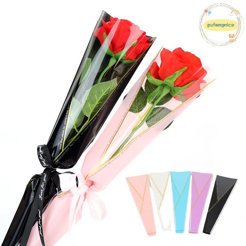 Pufangnice 50 ชิ้นเดี่ยว Rose แขนดอกไม้ห่อกระเป๋าช่อดอกไม้ถุงบรรจุภัณฑ์ Clear Cellophane ดอกไม้ Wrappers สําหรับวันวาเลนไทน์ TH