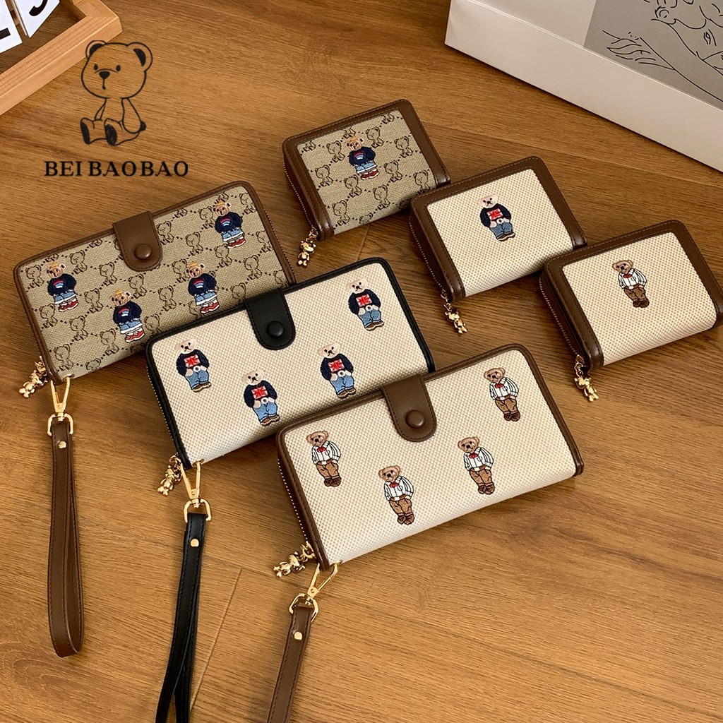 แฟชั่น All-Match Contrast Color Wallet Jacquard Canvas Bear Wallet Ladies Short Wallet Coin Purse
