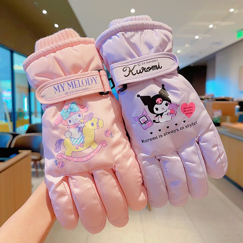 ถุงมือสกีเด็ก Sanrio Melody Kuromi ชายหญิงเด็กนักเรียนประถมฤดูหนาวที่อบอุ่นกันน้ําเล่นหิมะ