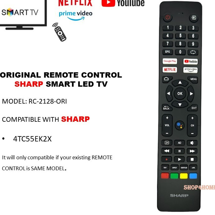 REMOTE SHARP SMART TV ANDROID TV LED TV 2TC32EG2X 2TC42EG2X ANDROID TV 4TC55EK2X