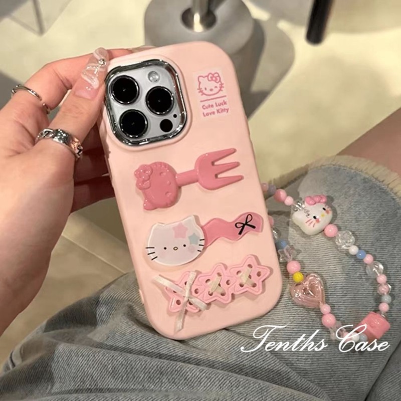 ใช้งานร่วมกับสําหรับ IPhone 16 15 11 12 13 Pro Max Xr X Xs Max 7 8 Plus 3D Kitty Lanyard เคสโทรศัพท์ชุบกันกระแทกปกอ่อน