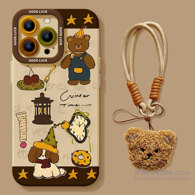 Iphone 16 15 14 13 12 11 Pro Max X Xr Xs Max 7 8 Plus SE2020 เคสโทรศัพท์การ์ตูนน่ารักคาวบอยหมี + Lanyard Soft ฝาหลัง