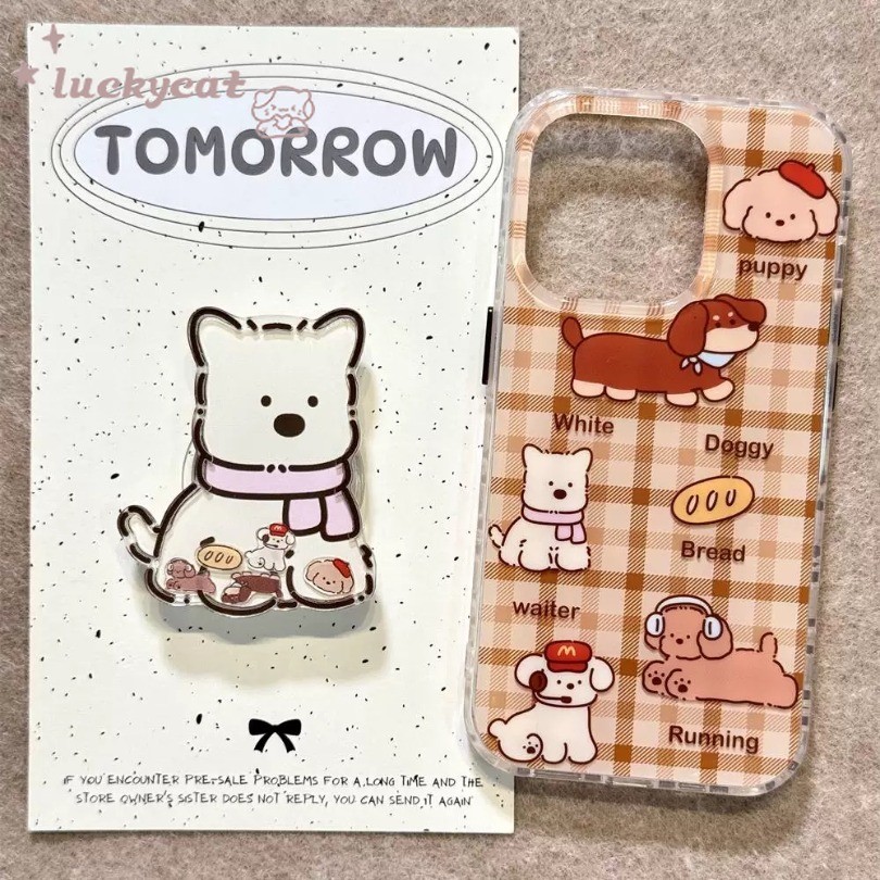 Iphone 16 15 14 13 12 11 Pro Max X Xr Xs Max 7 8 Plus SE2020 เคสโทรศัพท์การ์ตูนน่ารักสุนัขสีน้ําตาลรูปแบบตาราง + ขาตั้งนุ่มปกหลัง